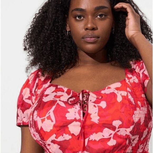 Torrid Women's Plus Size Midi Cotton Clip Dot Lace Up Smocked Dress 1X - Picture 3 of 11